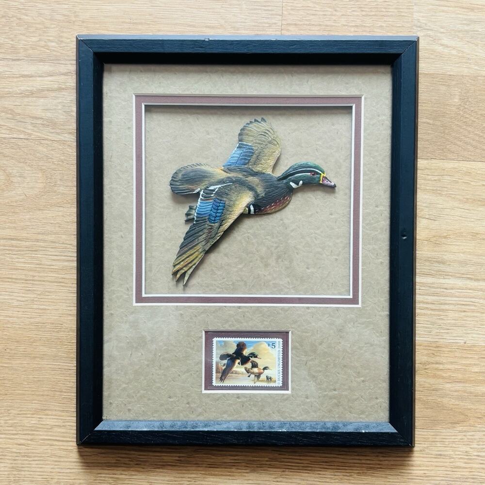 2008 DUCKS UNLIMITED $5 STAMP SET W/ CARVED WOOD DUCK FIGURE FRAMED 11”x9”x1